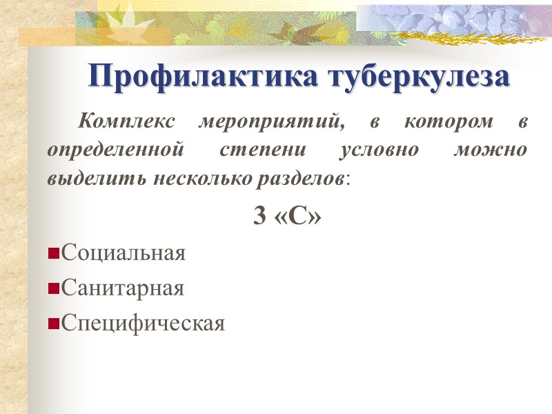 Профилактика туберкулеза       Комплекс мероприятий, в котором в определенной